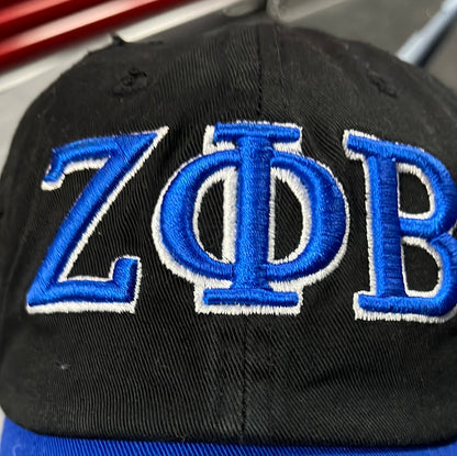 Distressed Zeta baseball caps with 3D lettering