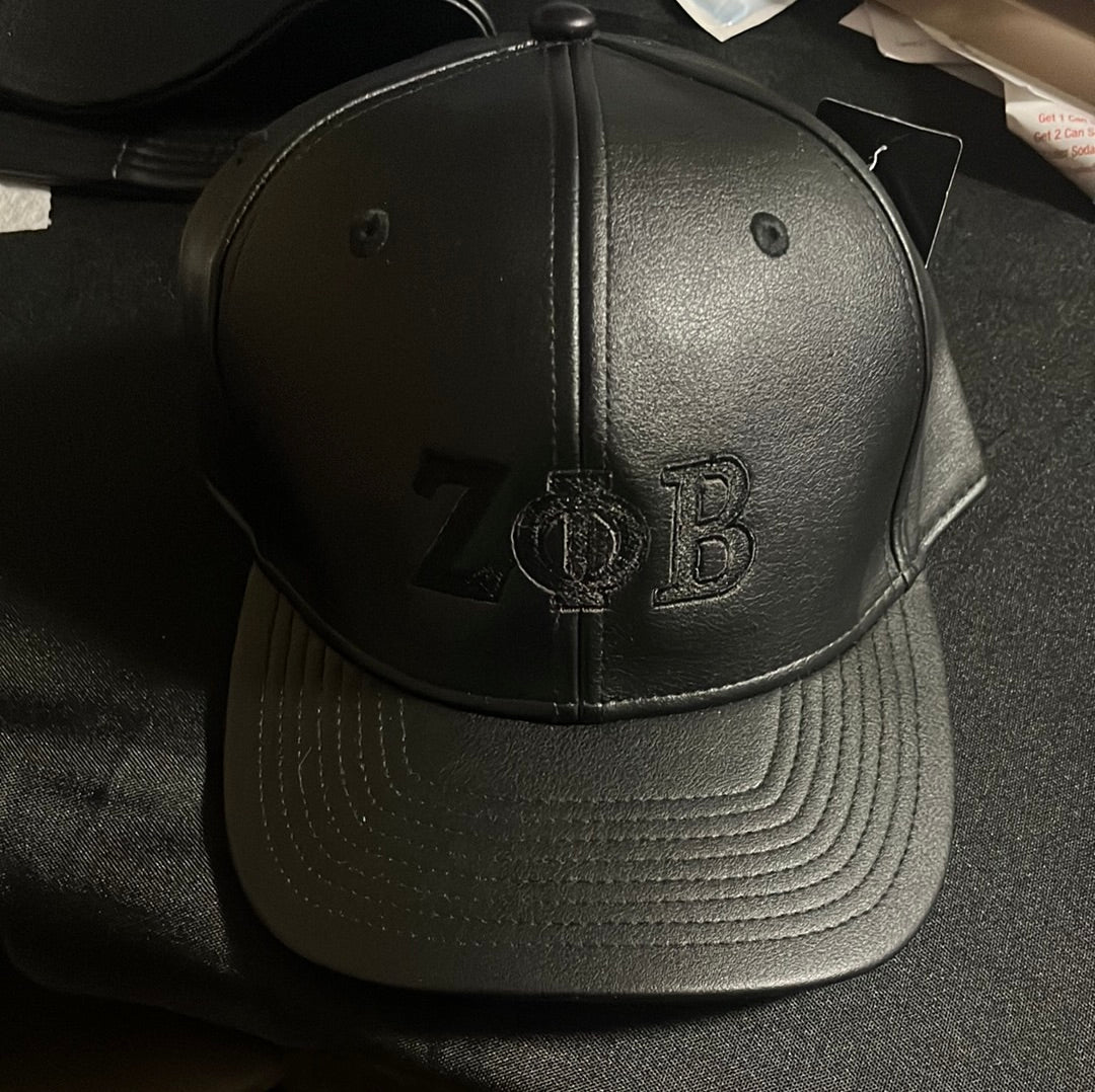 Vegan leather Black Zeta baseball cap flat embroidery with adjustable strap