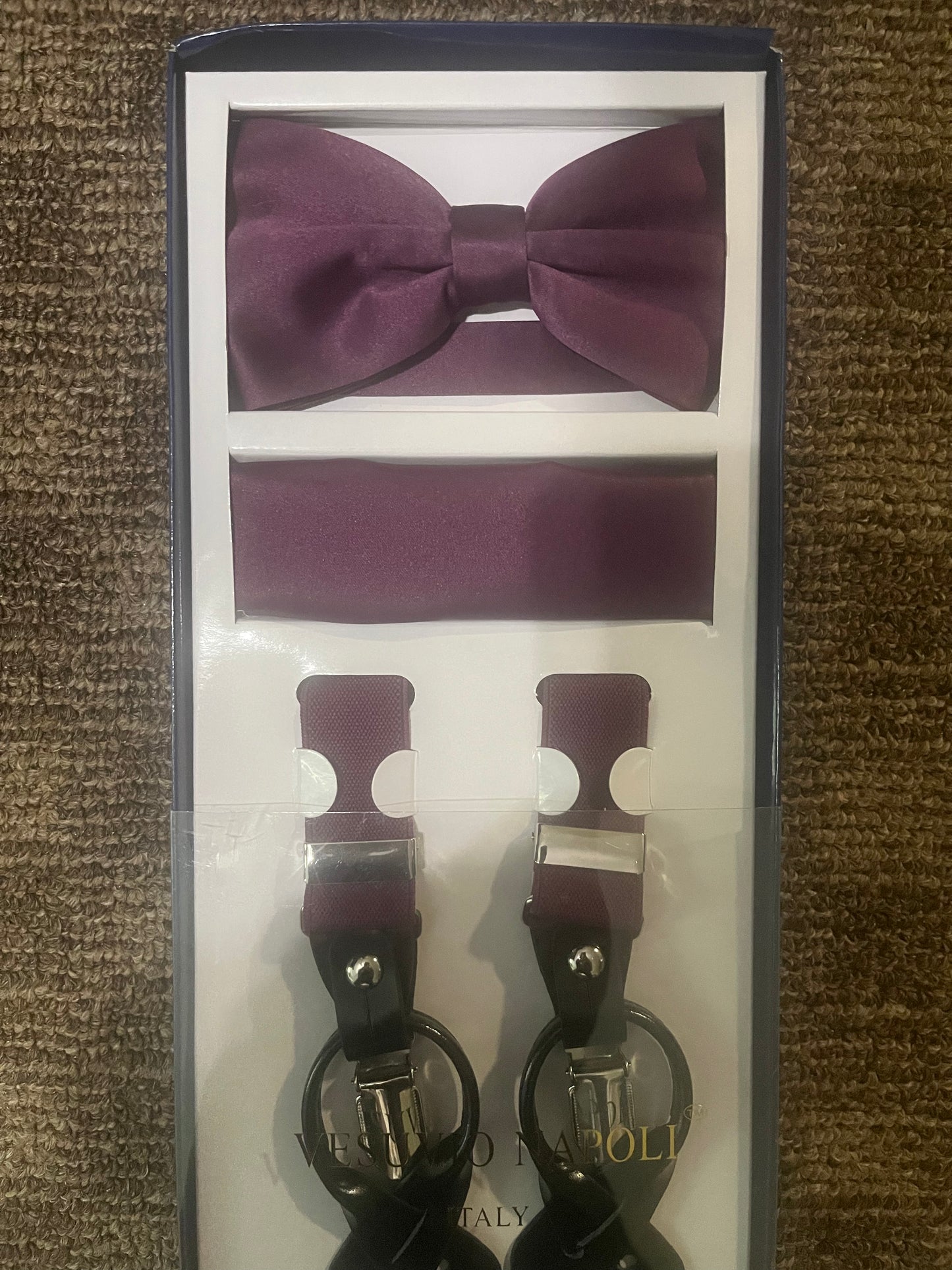 Purple men’s Suspenders Bow tie and Pocket Square set