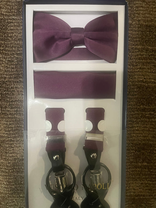 Purple men’s Suspenders Bow tie and Pocket Square set