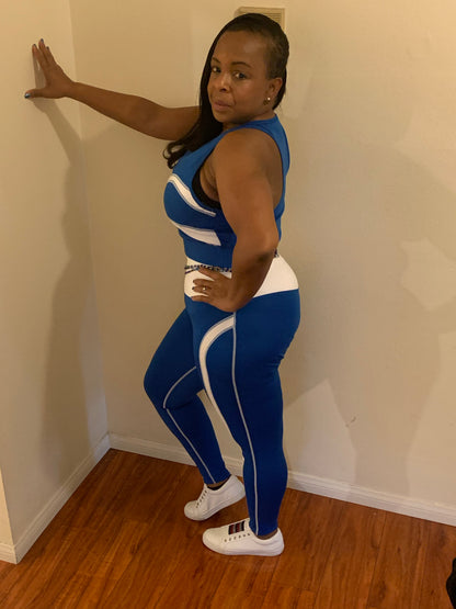 Two piece blue and white workout set