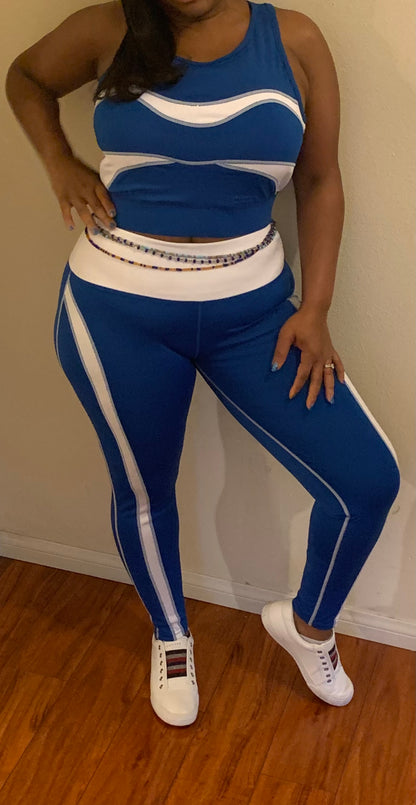 Two piece blue and white workout set